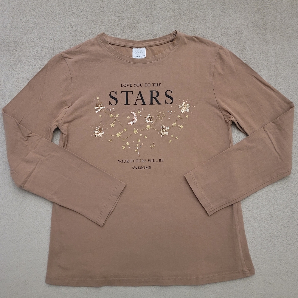 Zara Girl Brown Constellation Gold Sequins Text Long Sleeve Shirt Size 13-14